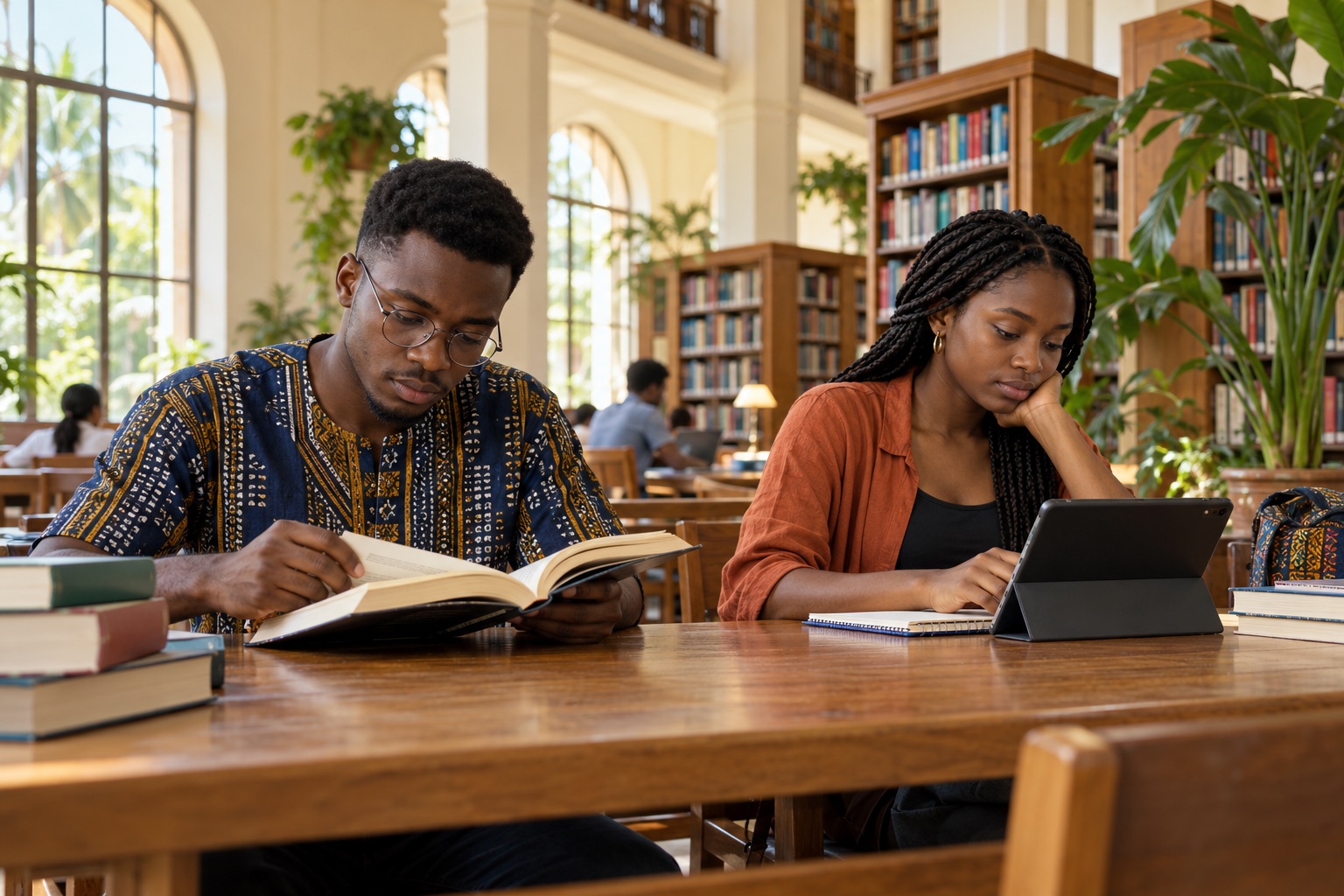 Illustration de deux étudiants lisant dans une bibliothèque lumineuse