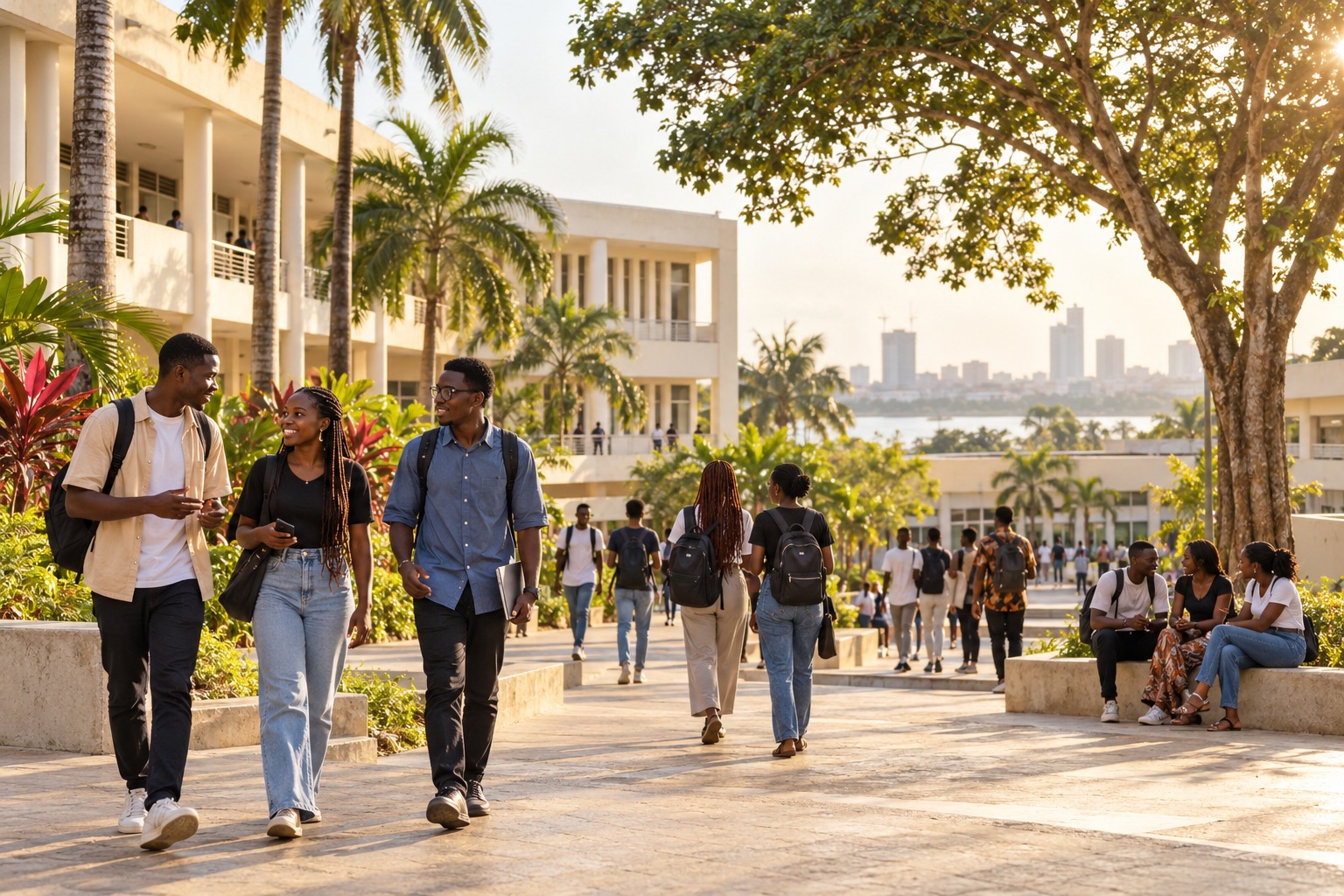Illustration d’un campus arboré où des étudiants rejoignent leurs cours