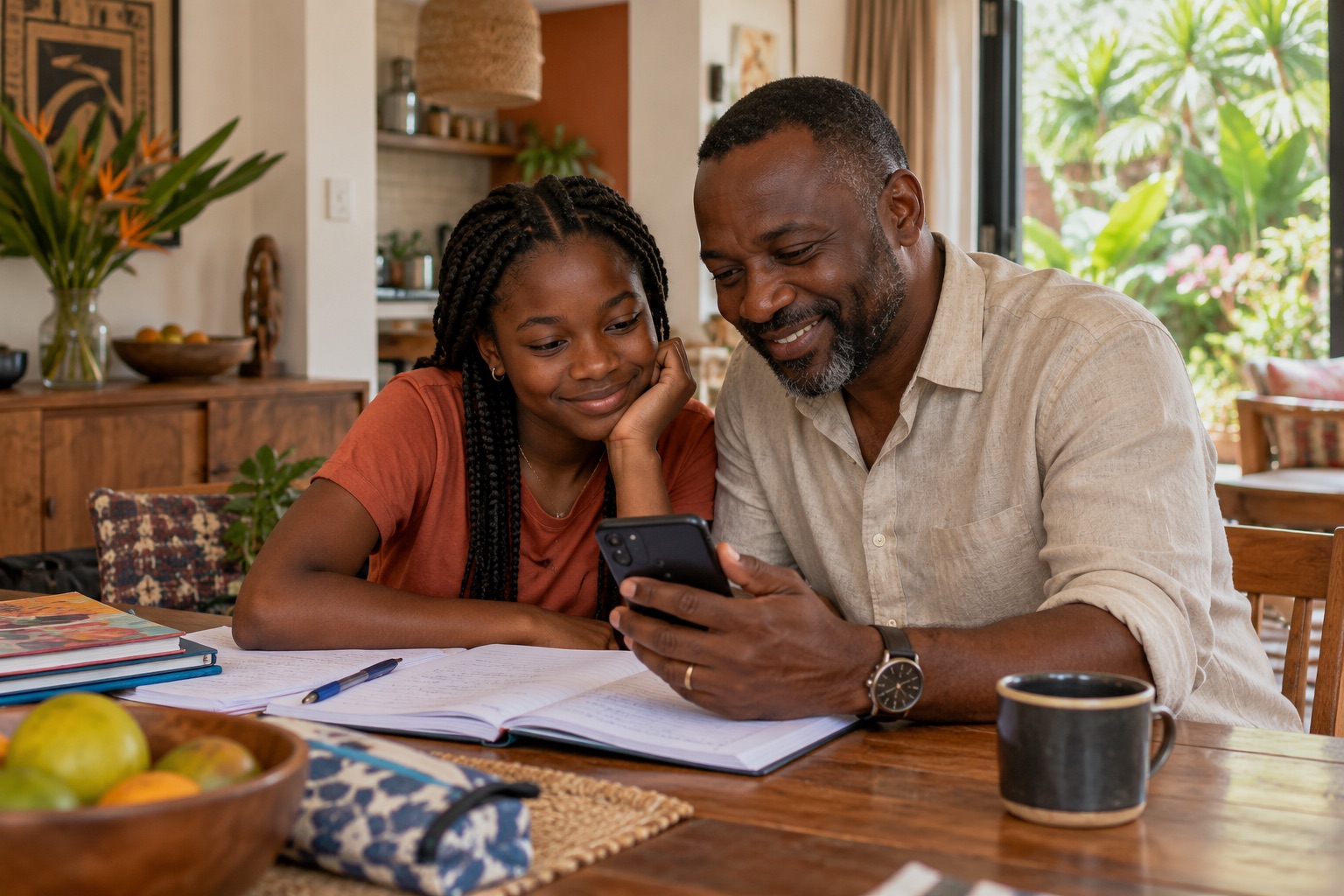 Illustration d’un père et de sa fille consultant un téléphone à la maison